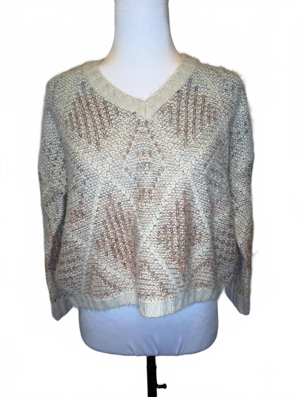 Cream Pastel Variegated Yarn Chunky Sweater XSP Boxy Crop Scandi Soft Girl Gran